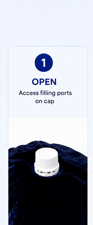 Step 1: Open — access filling ports on cap